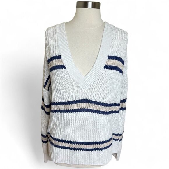 360 Cashmere Sweater Womens L White Navy Beige Stripe V Neck Drop Shoulder Knit - Picture 1 of 10